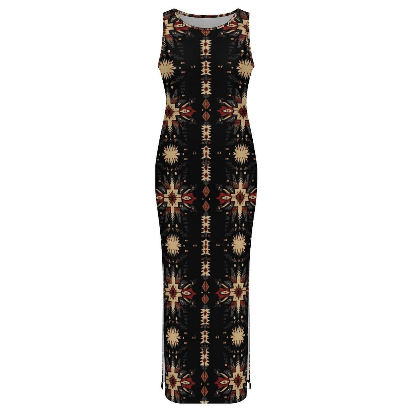 Black and Tan Aztec Bodycon Side Slit Western Maxi Dress