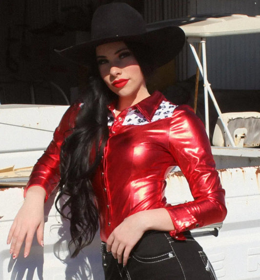 High Stakes Ruby Red Metallic Pearl Snap Arena Barrel Racer Rodeo Shirt