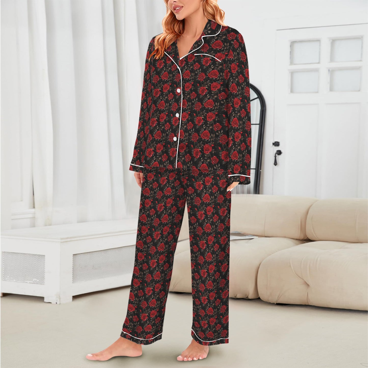 Colores De Mexico Red Roses Satin Pajama Set