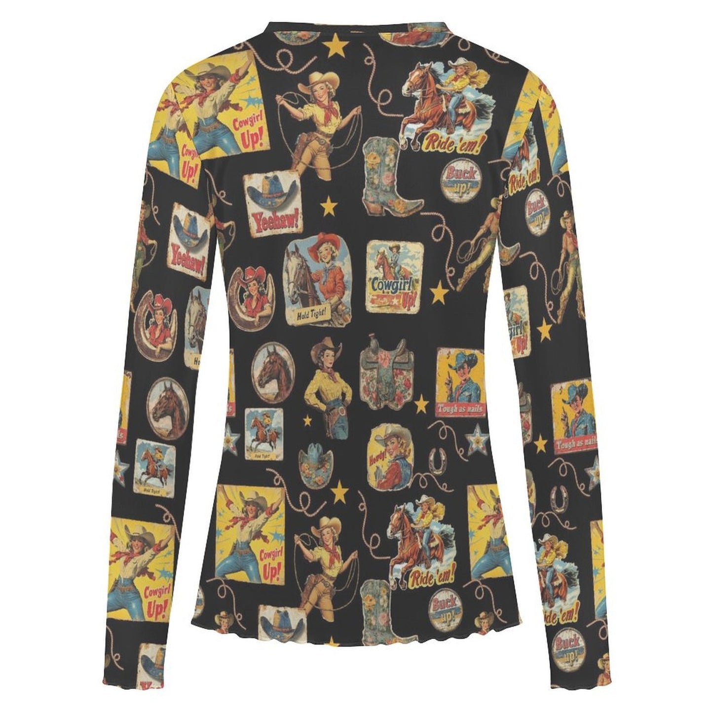 Baha Ranch Vintage Cowgirl Collage Long Sleeve Mesh Top