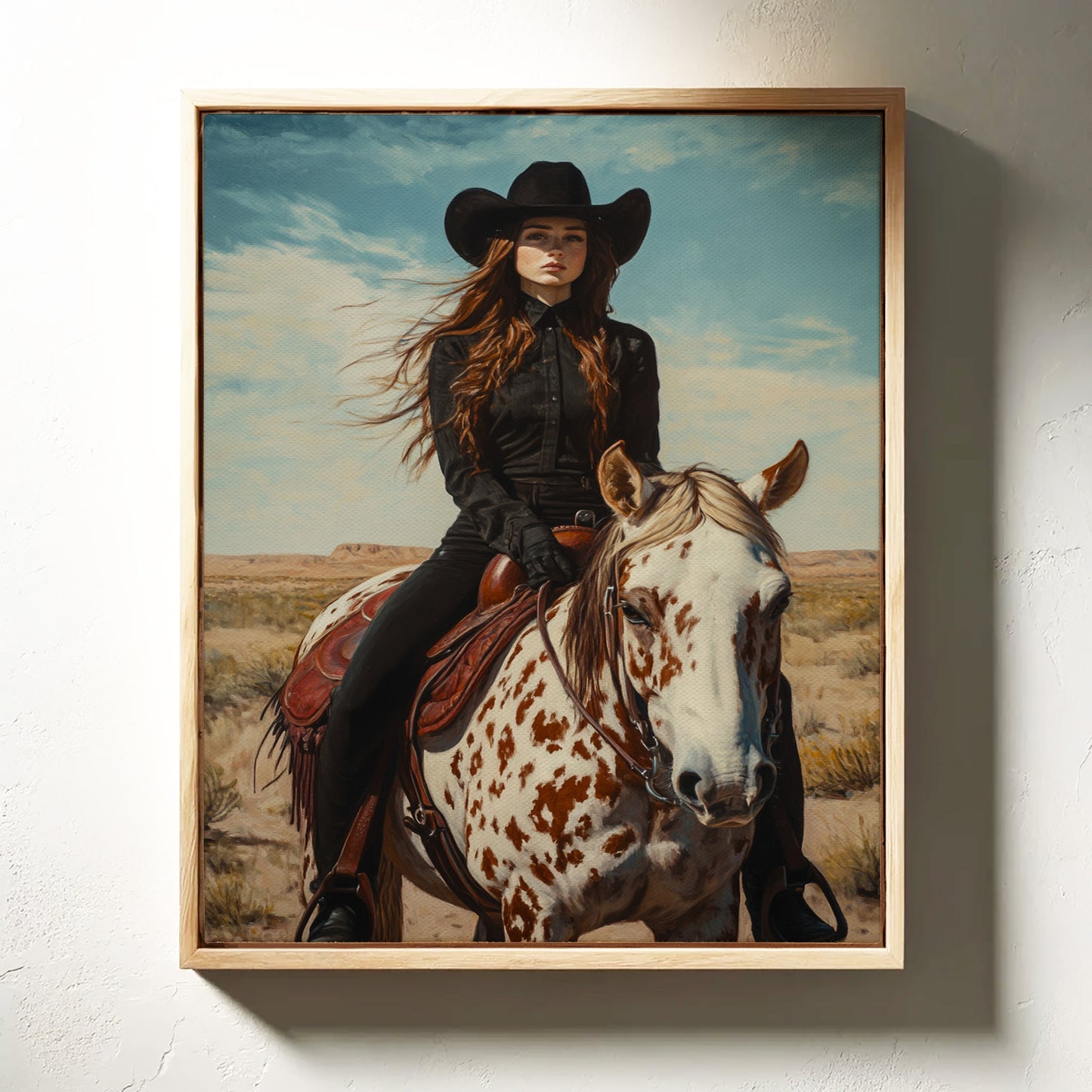 Desert Reins – Cowgirl on Paint Horse Portrait