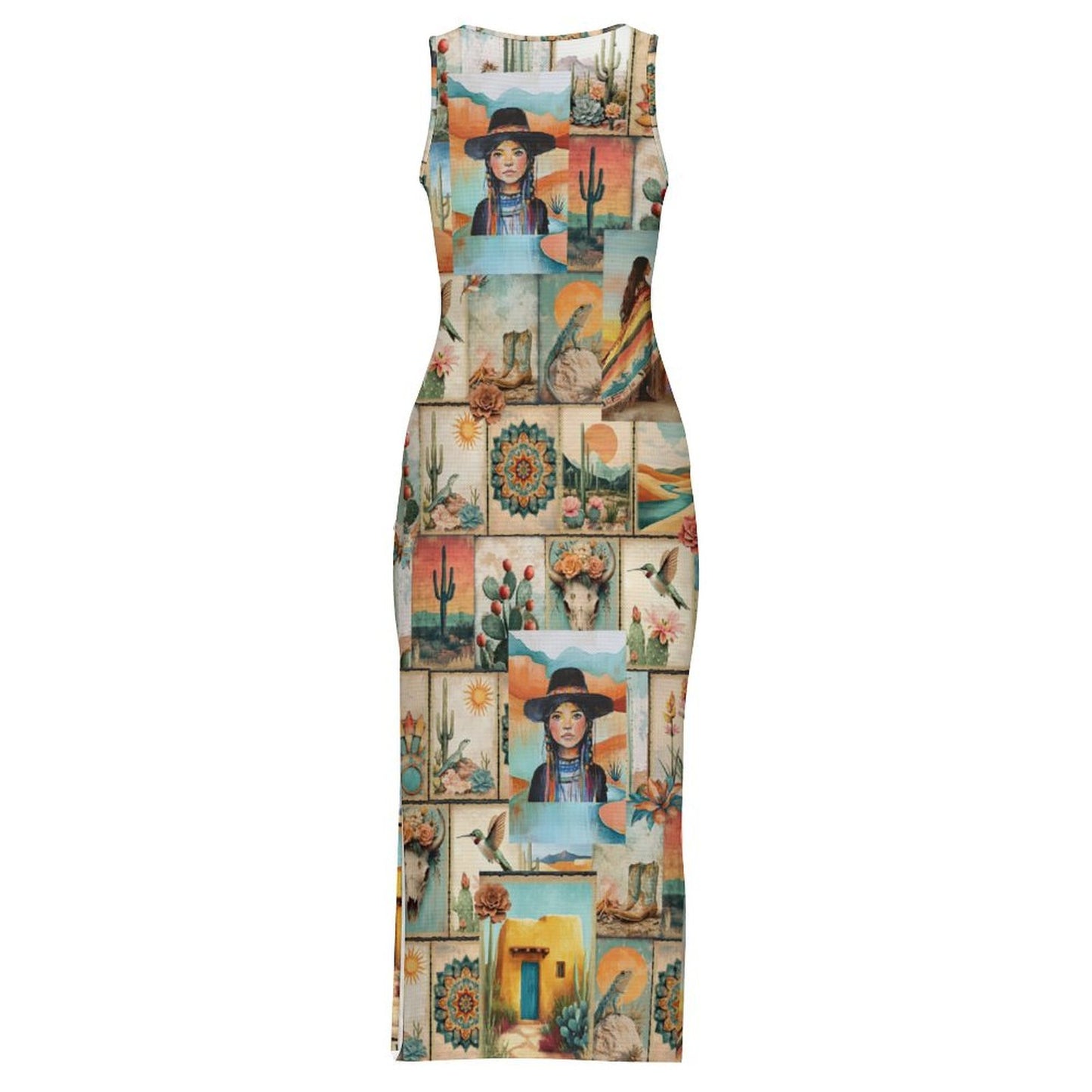 Colores de Mexico Pictures of the Southwest Sleeveless Bodycon Side Slit Long Dress