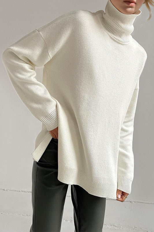 Side Slit Turtleneck Dropped Shoulder Sweater