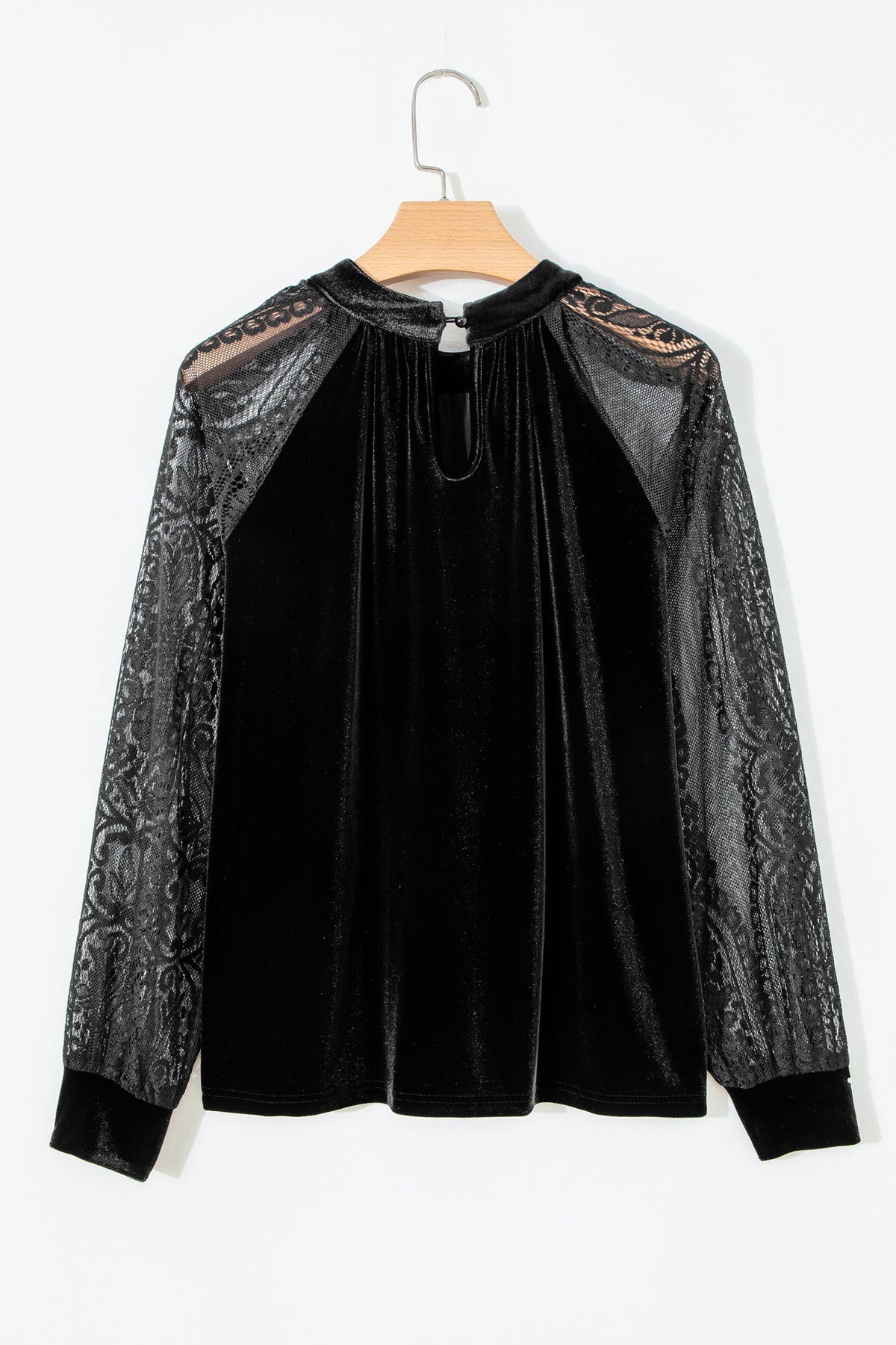Solid Velvet Patchwork Sheer Lace Long Sleeve Blouse