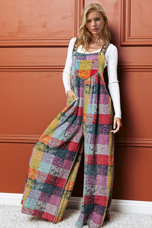 Double Take Colorful Plaid  Wide Leg Jumpsuit