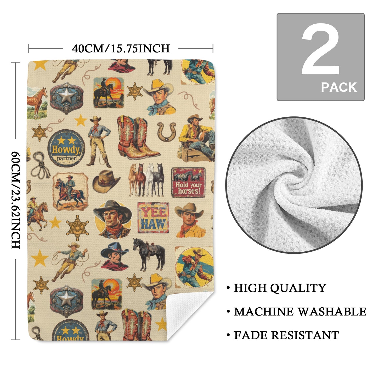 Vintage Cowboy Collage Set of 2 Dish Towels Made in America