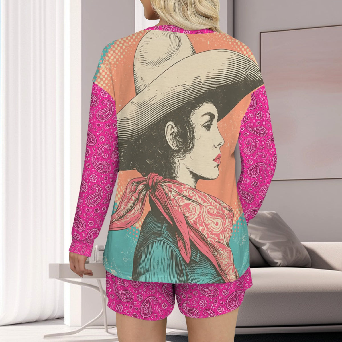 Baha Ranch Ranch Queen Western Long Sleeve Top & Shorts Pajama Lounge Set
