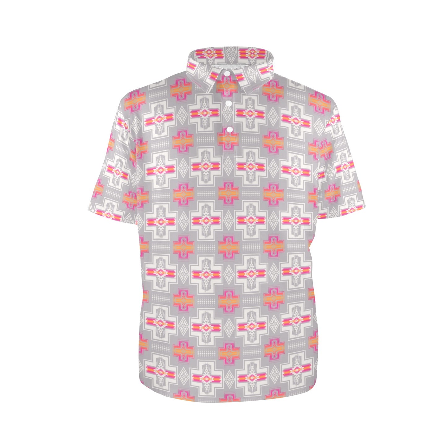 Gray Pink Fire Aztec Men's Polo Shirt