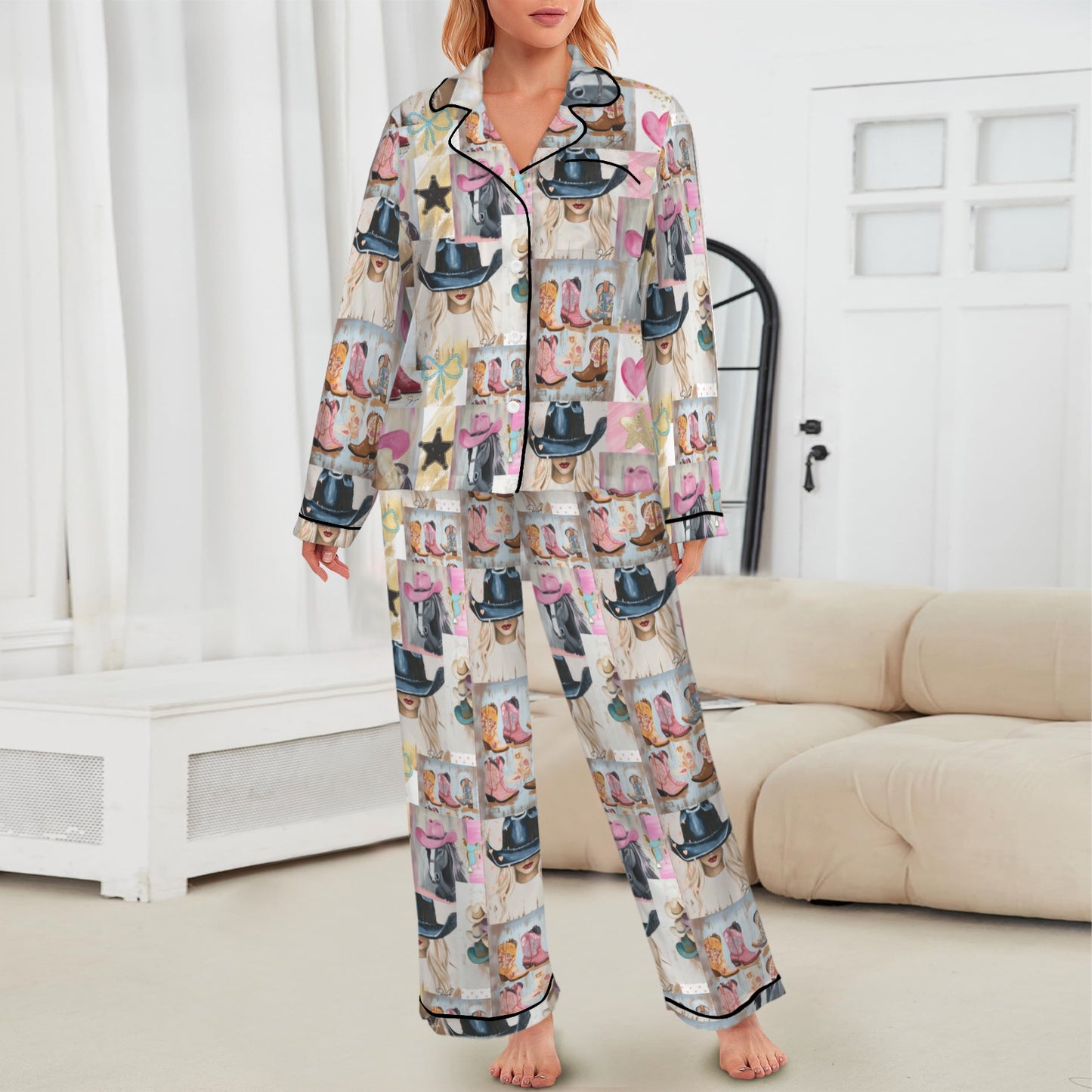 Danilo Painted Cowgirl Western Satin Long Pajama Set
