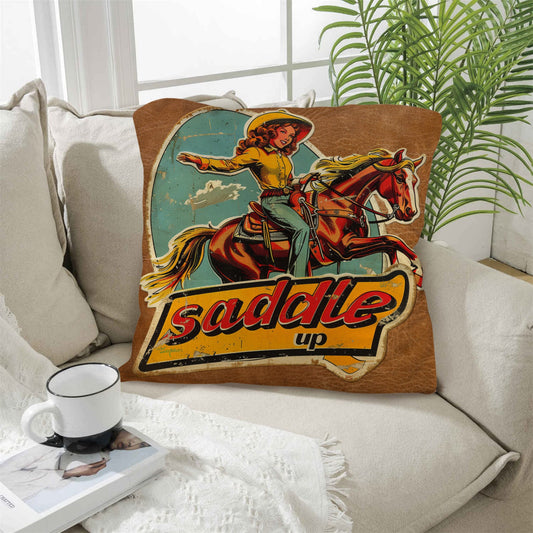 Saddle Up Vintage Cowgirl Throw Pillow Case 18x18inch Made in America