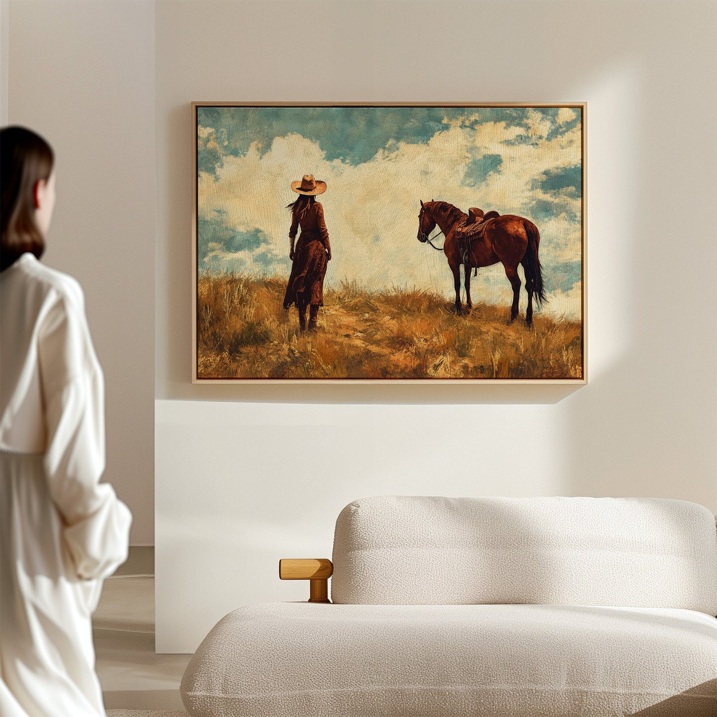 Cowgirl and Horse Under Big Sky