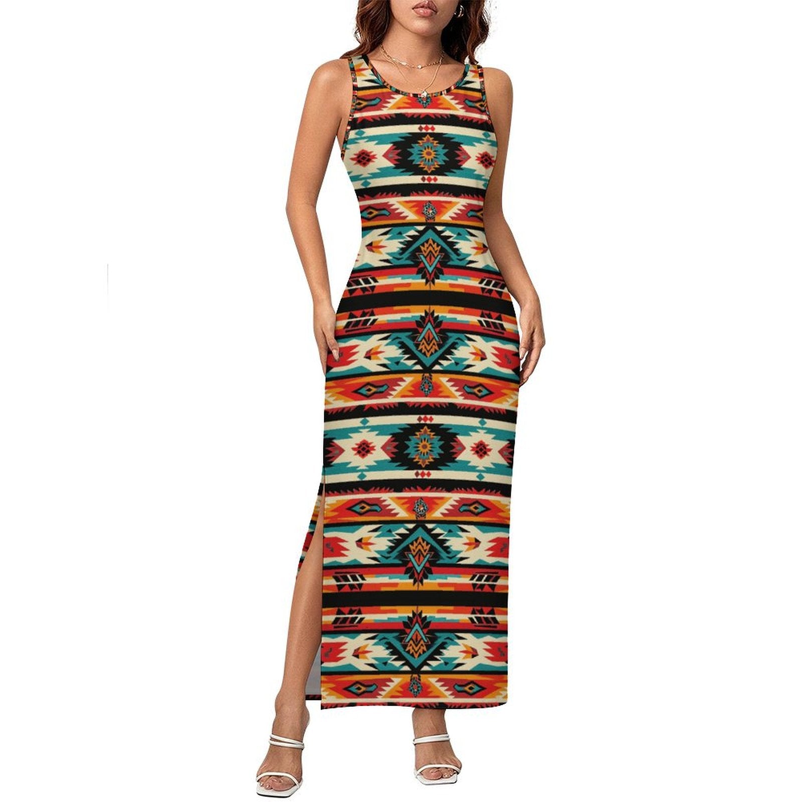 Baha Ranch Santa Fe Sleeveless Bodycon Side Slit Western Maxi Long Dress White / 3XL
