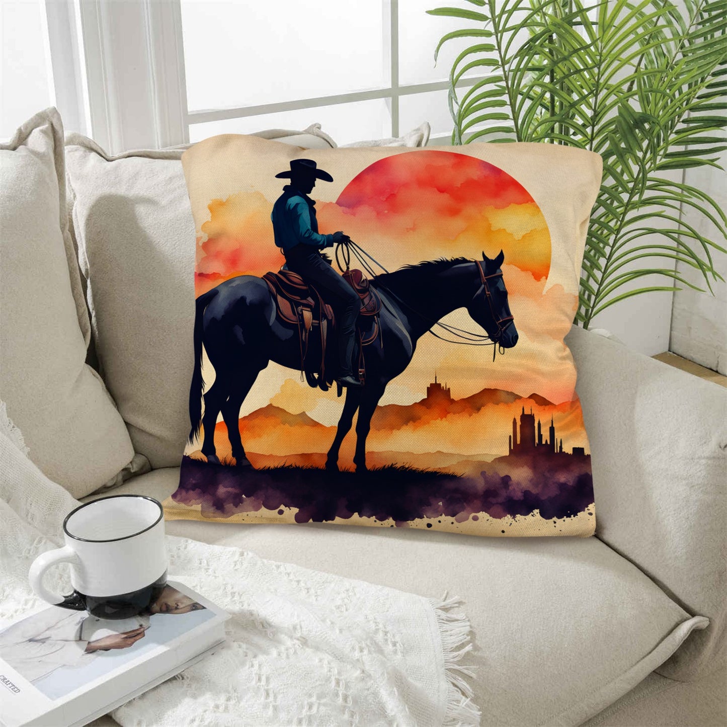 Watercolor Desert Cowboy Throw Pillow Case Made in America