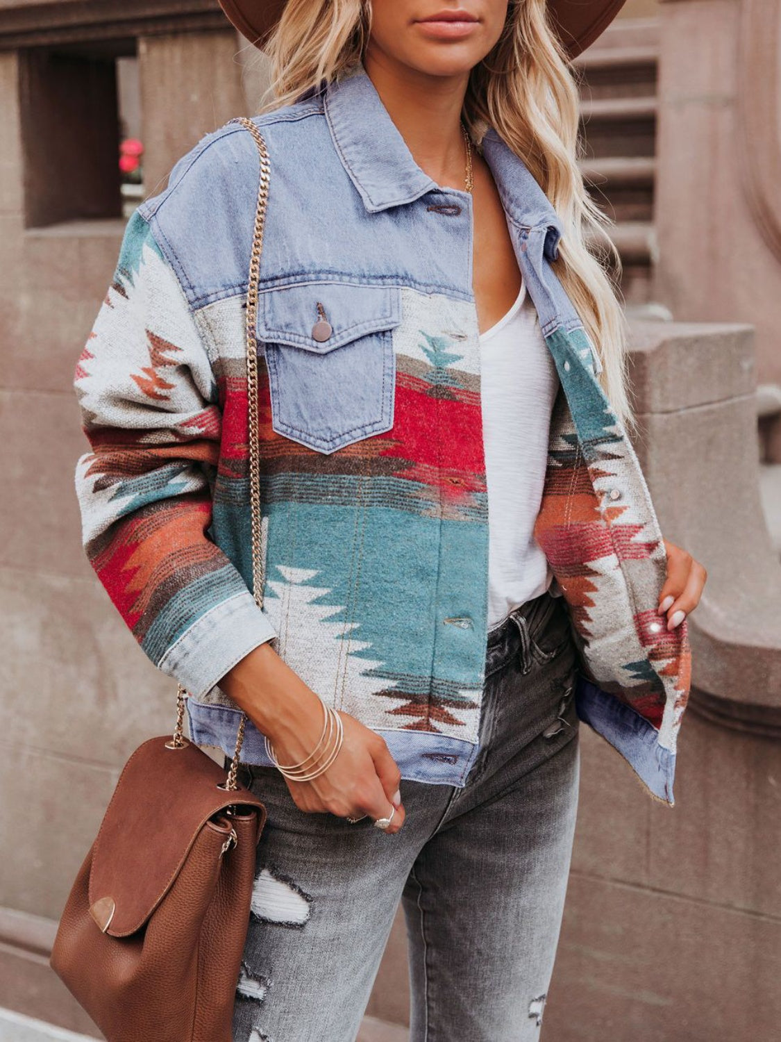 Westward Aztec Long Sleeve Denim Jacket