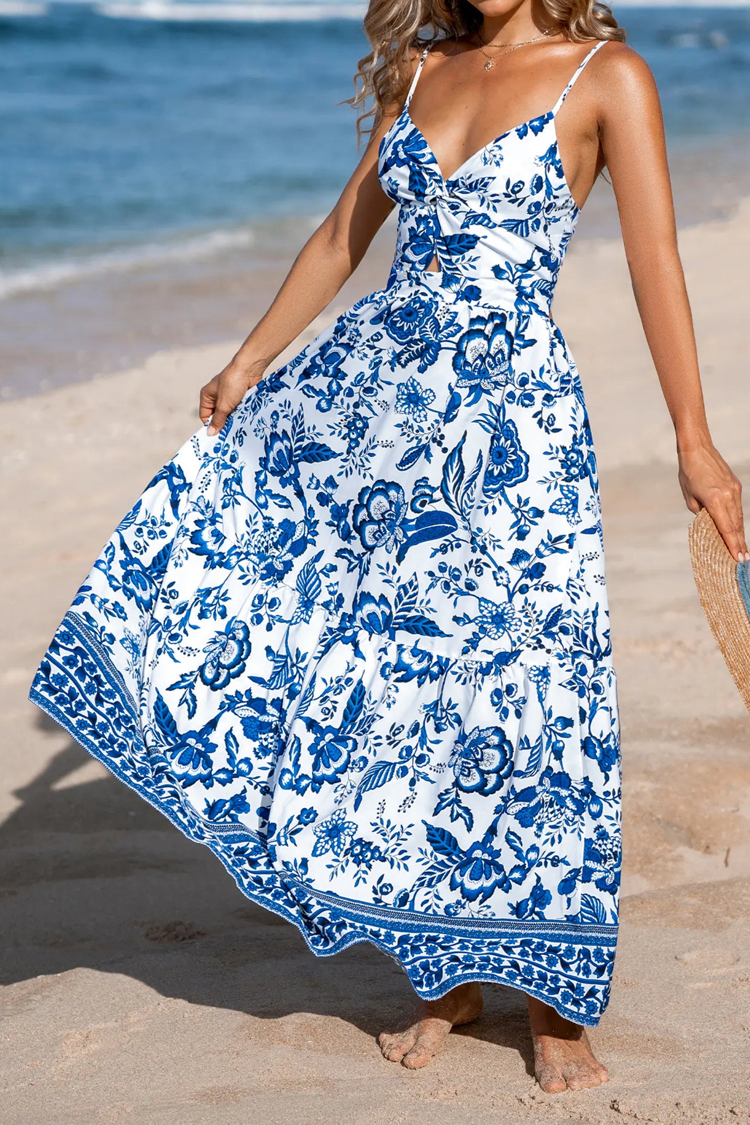 Sunny Angela Women's Twisted Bust Backless Floral Spaghetti Strap Maxi Dress - Sunny Angela Sky Blue / XL Sunny Angela Women's Twisted Bust Backless Floral Spaghetti Strap Maxi Dress - Sunny Angela Sky Blue / XL