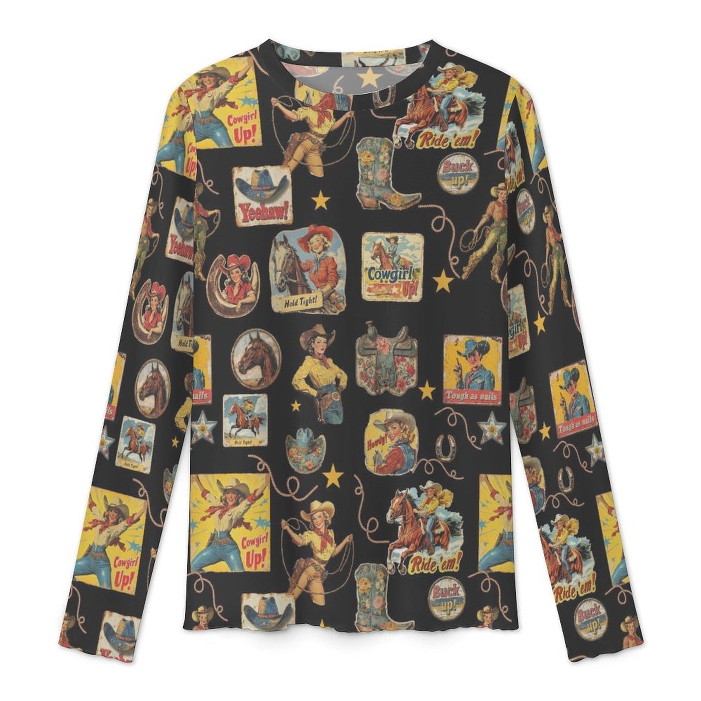 Baha Ranch Vintage Cowgirl Collage Long Sleeve Mesh Top