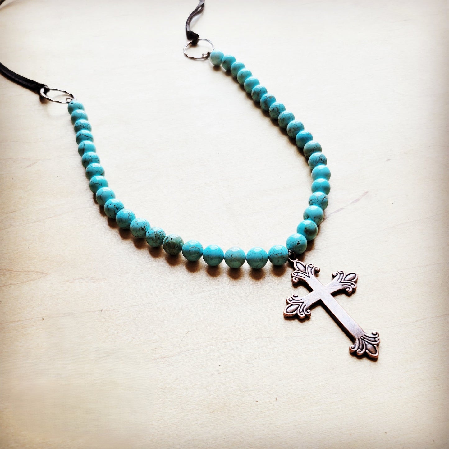 The Jewelry Junkie **Frosted Magnesite Beaded Necklace w/ Copper Cross 258i