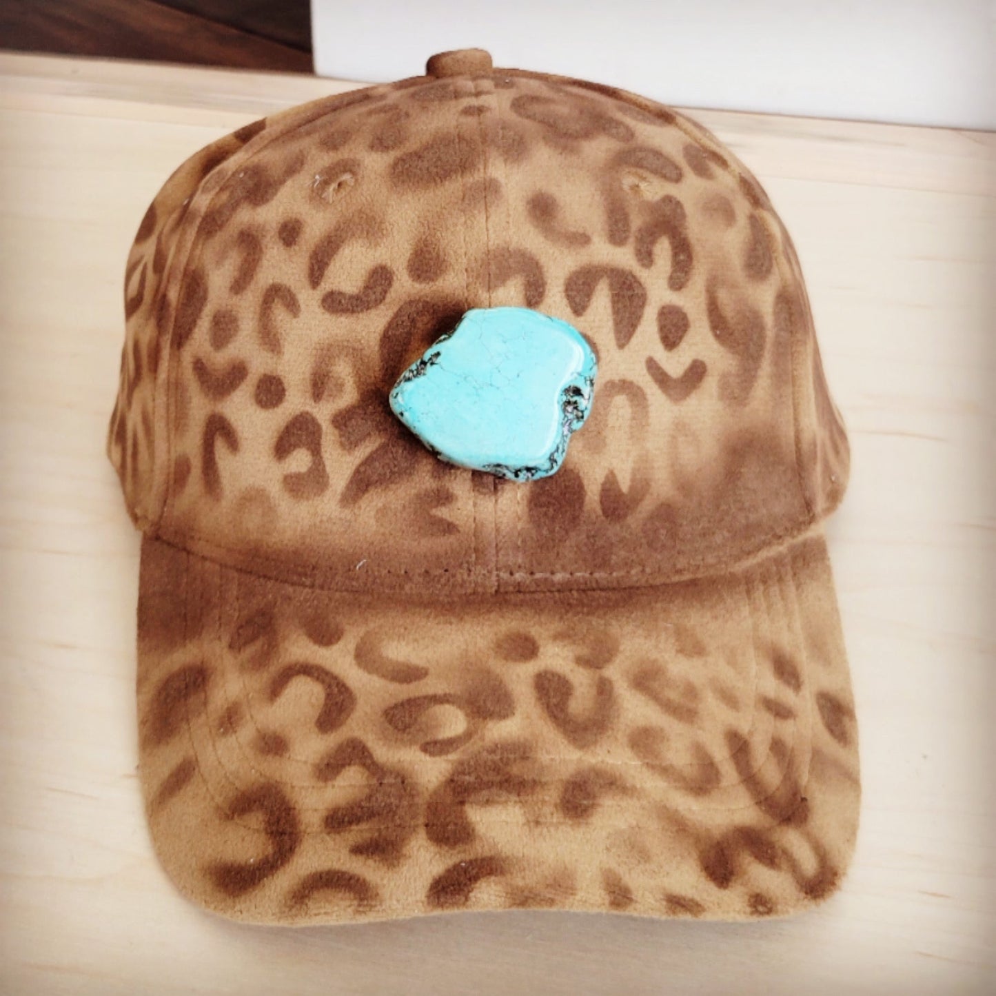 The Jewelry Junkie Hand-Painted Leopard Suede Baseball Cap Tan w/ Turq 986u