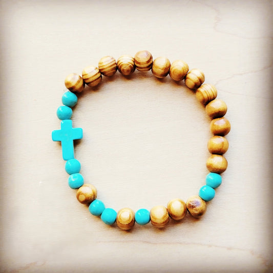 The Jewelry Junkie Bracelet Bar-Wood & Blue Turquoise Beads 806u
