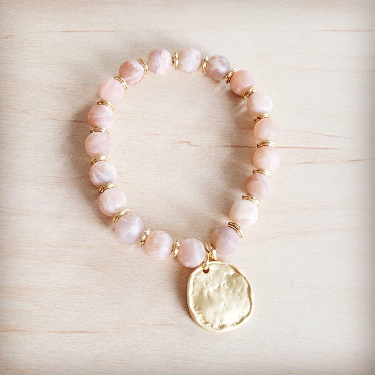 The Jewelry Junkie Frosted Sunstone Stretch Bracelet w/ Matte Gold Charm 811q