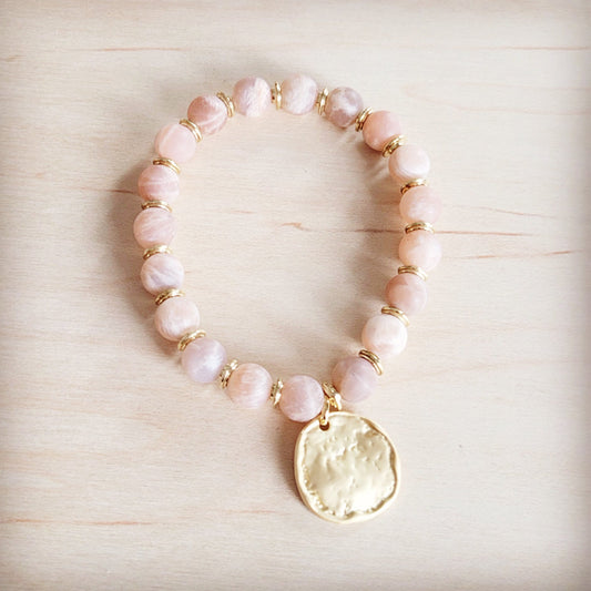 The Jewelry Junkie Frosted Sunstone Stretch Bracelet w/ Matte Gold Charm 811q