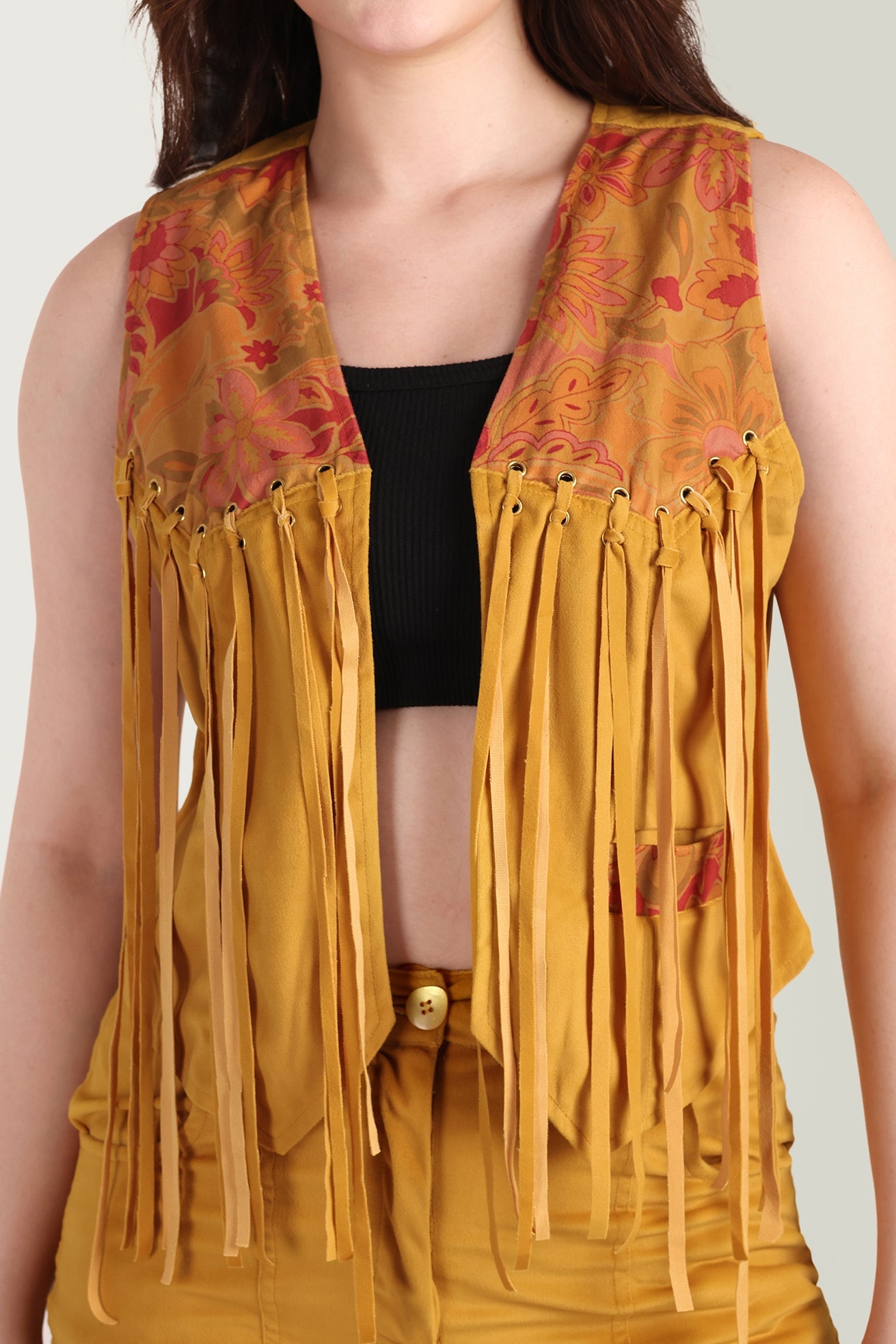 Myra The Jolene Fringe Two Piece Set in Saddle Gold