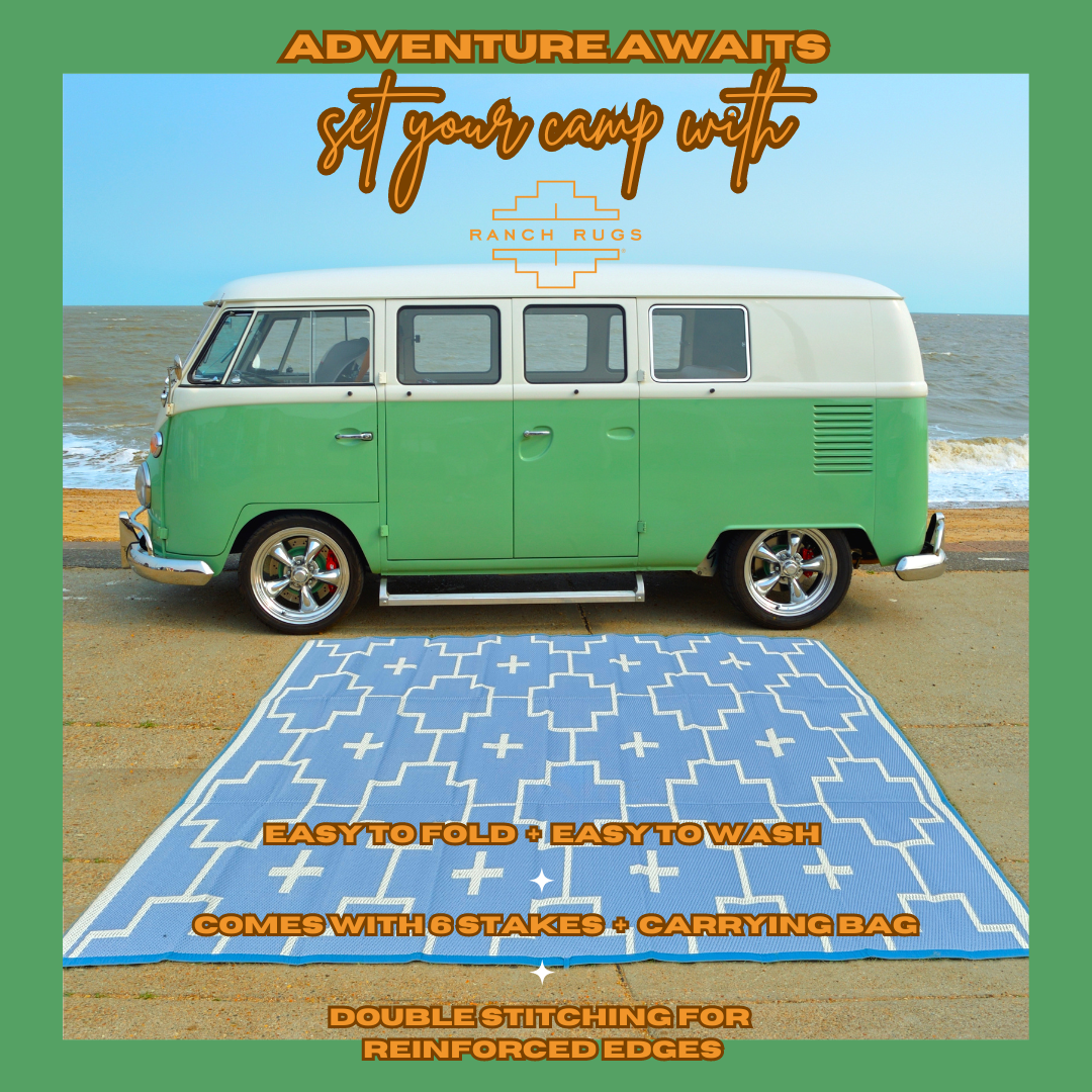 BLUE + IVORY - 6ft x 9ft - RANCH RUGS  -LAJITAS DESIGN- Aztec Outdoor Floor Covering