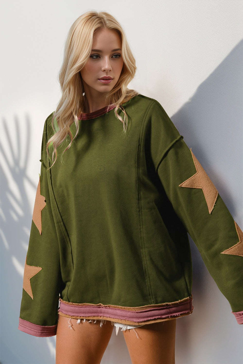 Double Take Star Patched Long Sleeve Sweatshirt choice of colors