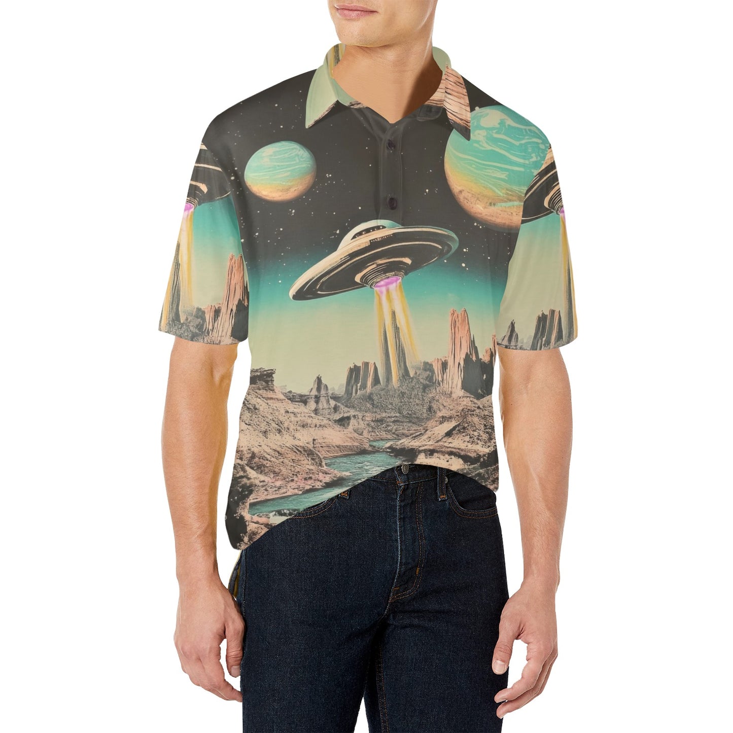 Baha Ranch Retro Pop Western Space Cowboy Polo Shirt