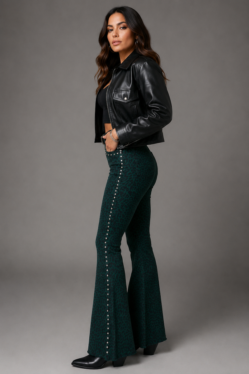 GJG Studded Bell Bottom Jean in Leopard Green