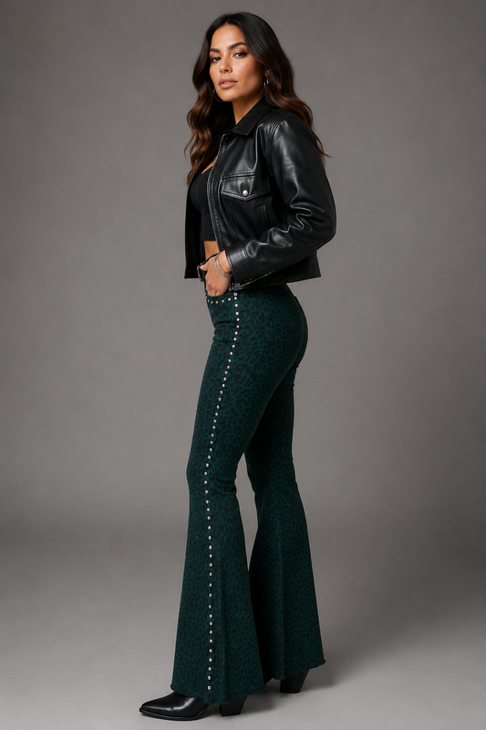 GJG Studded Bell Bottom Jean in Leopard Green