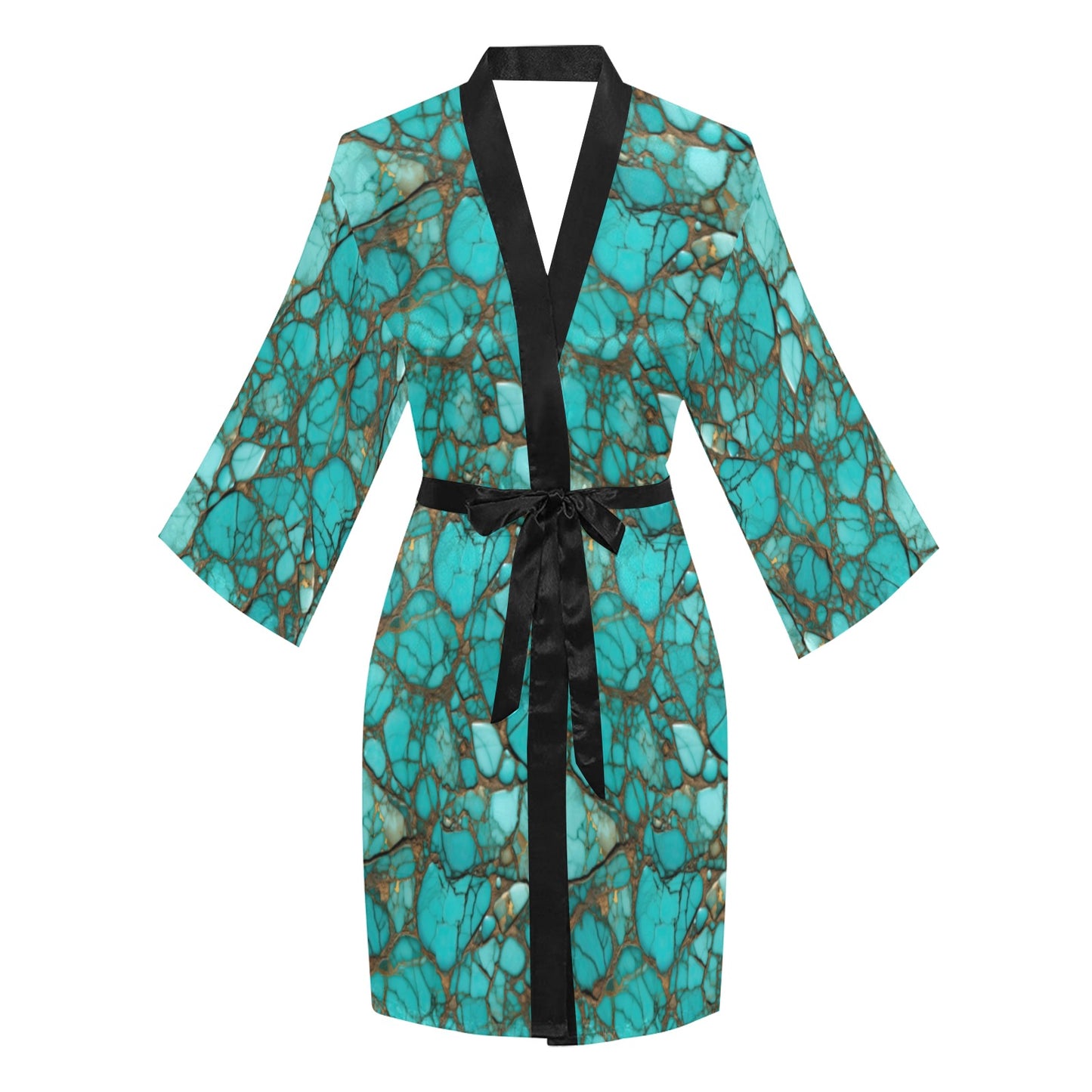 All Turquoise Satin Kimono Sleeve Robe