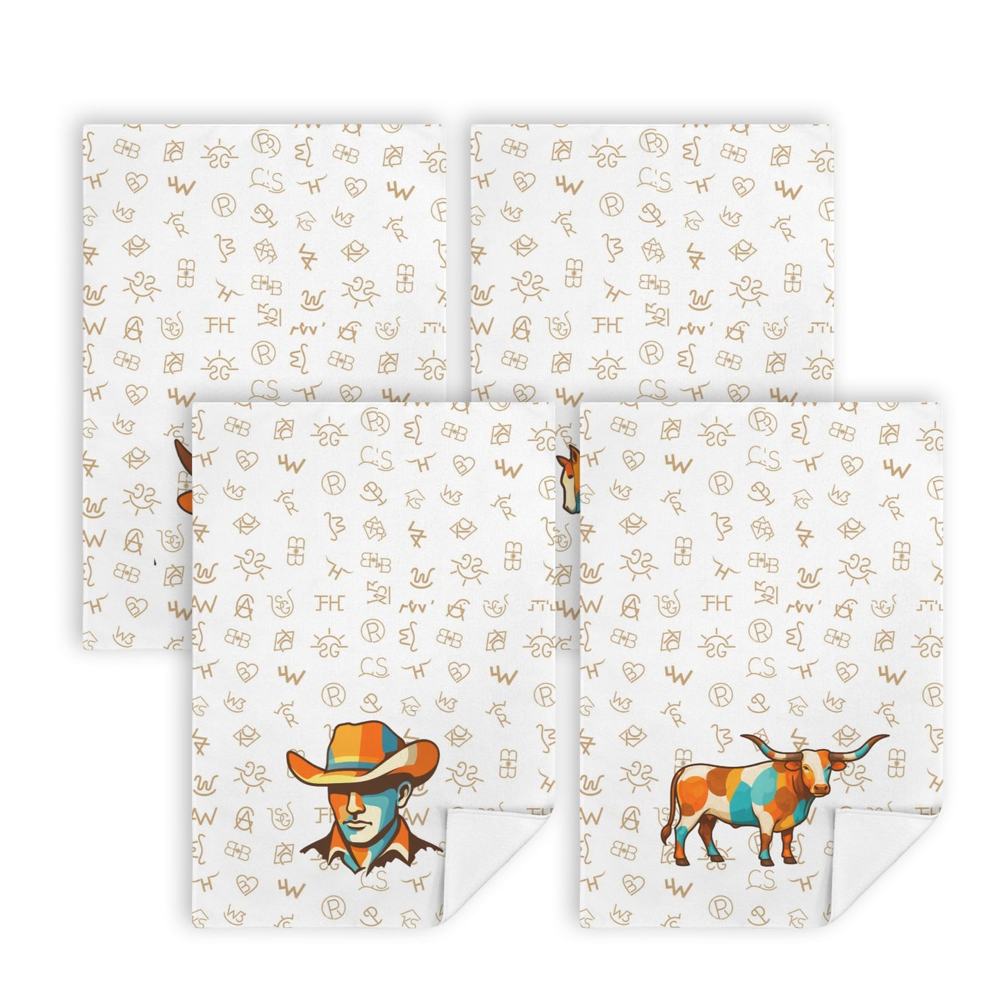 Set of 4 Minimalistic Cowboy Western Cattle Brands Kitchen Towels Made in America