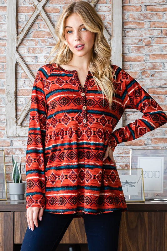 Aztec Button Detail Long Sleeve Babydoll Top