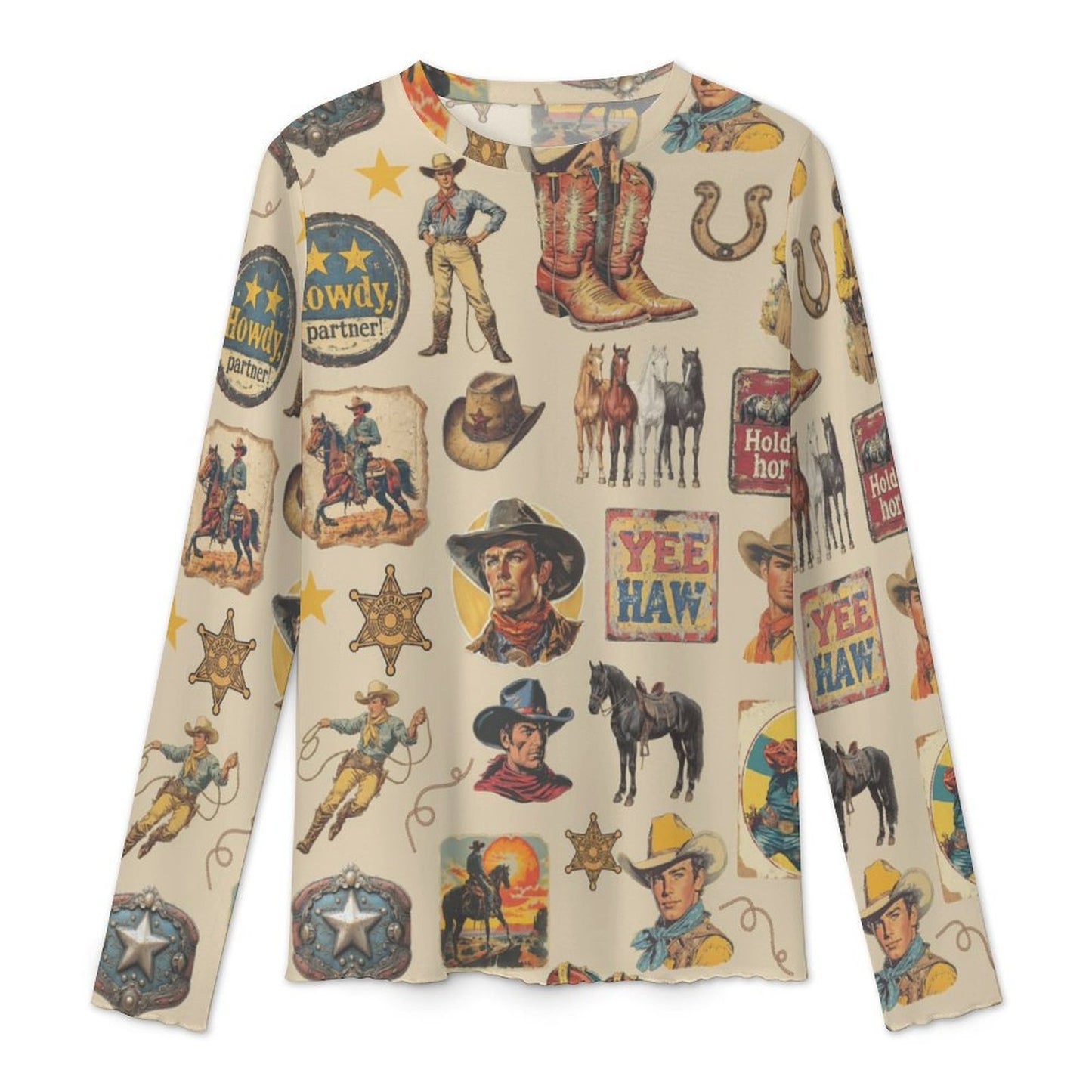 Baha Ranch Vintage Cowboy Collage Long Sleeve Mesh Top