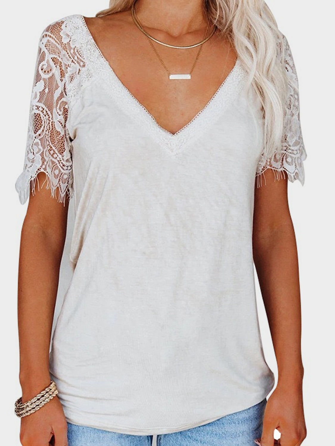 Lace Patchwork V-Neck Short Sleeve T-Shirt choice of colors