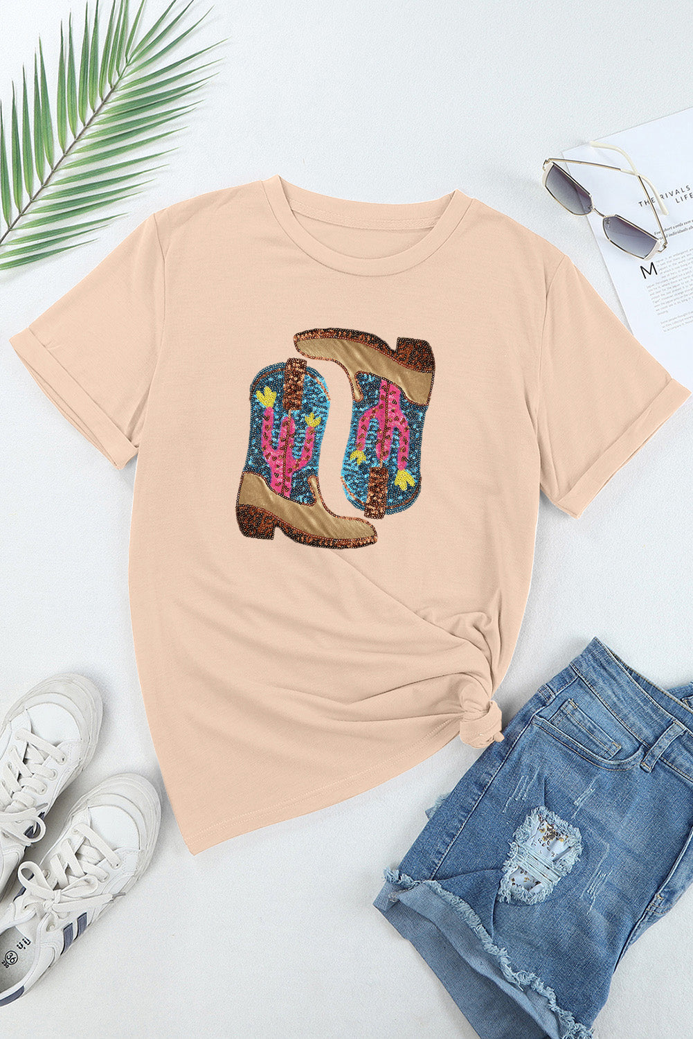 Sequin Boots Short Sleeve T-Shirt