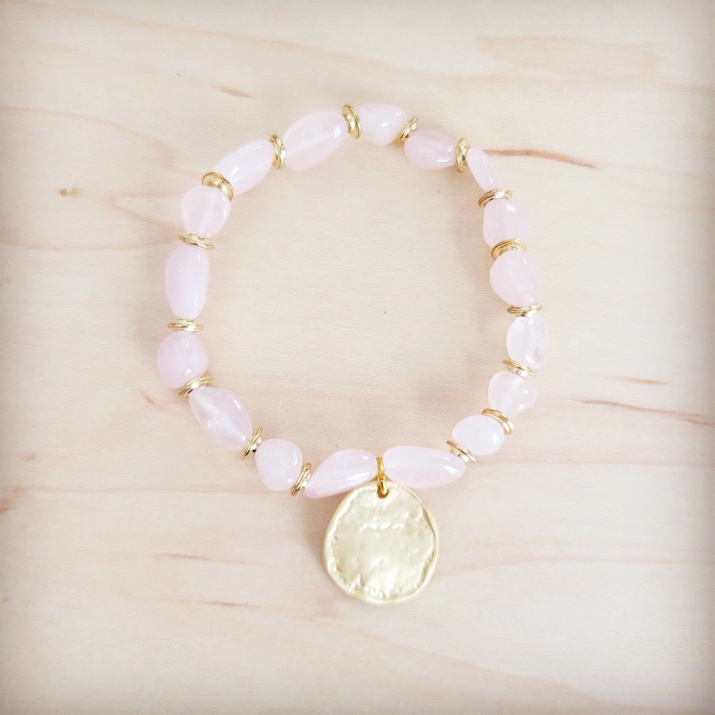 The Jewelry Junkie **Rose Quartz Beaded Stretch Bracelet w/ Gold Coin Charm 811u