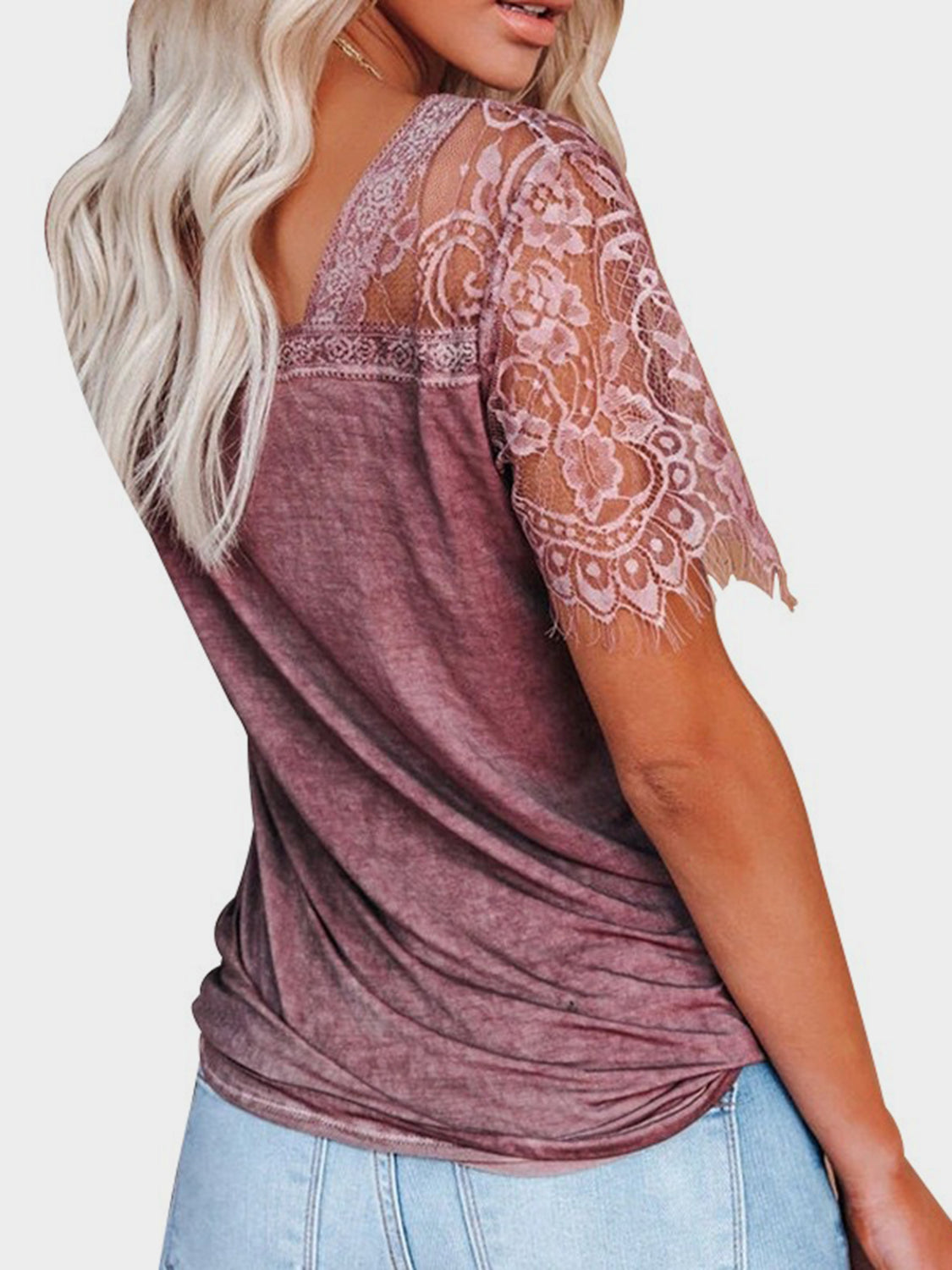 Lace Patchwork V-Neck Short Sleeve T-Shirt choice of colors