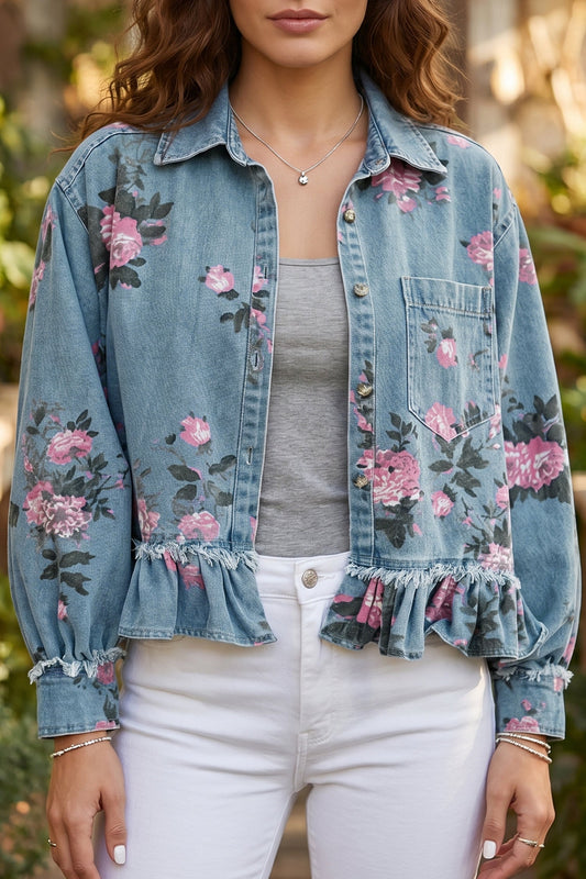 Floral Denim Raw Seam Ruffle Hem Jacket