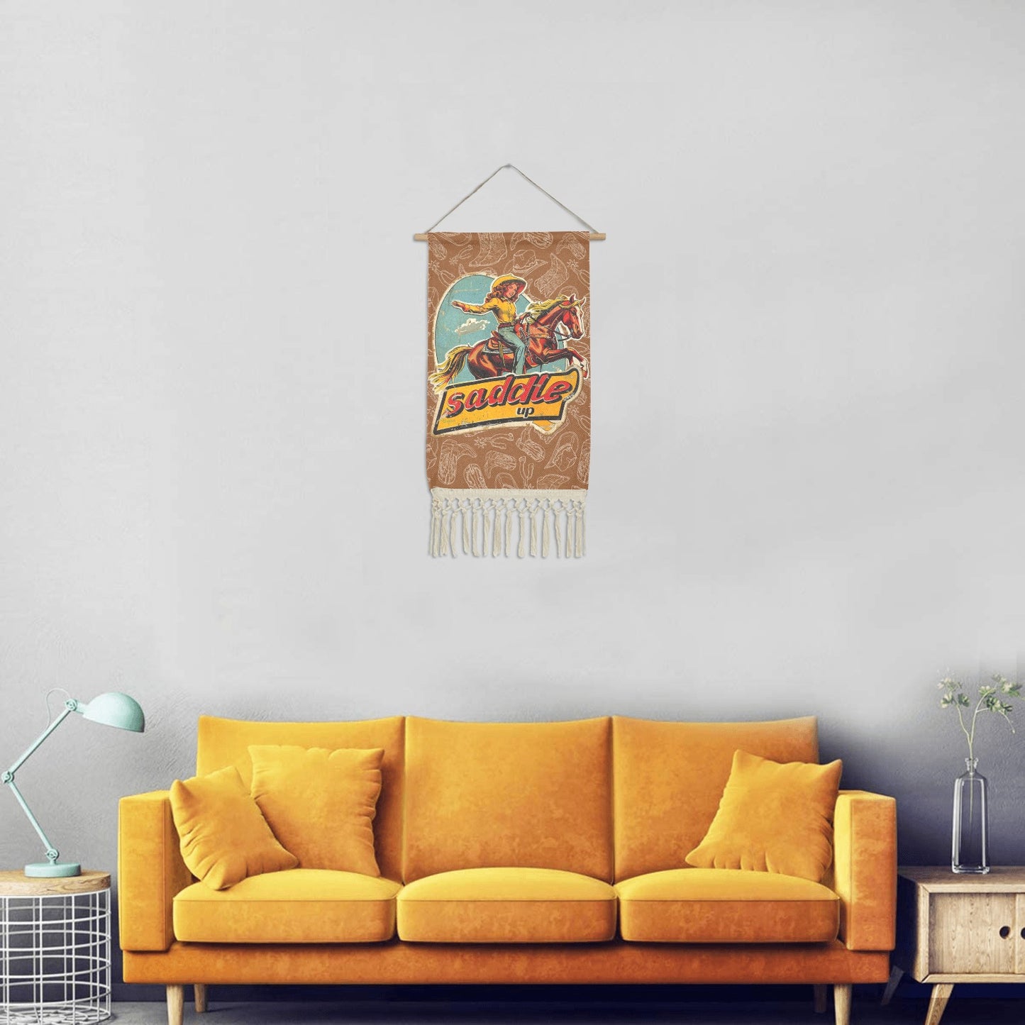 Saddle Up Western Wall Decor Linen Hanging Poster with Fringe Made in America