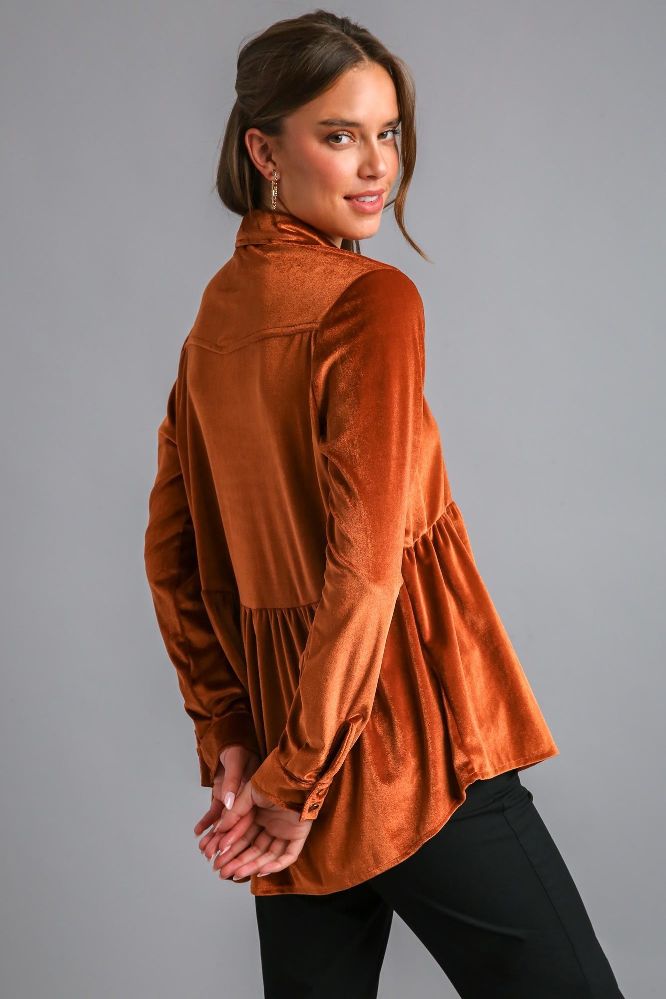 Umgee Velvet Peplum Button Up Long Sleeve Shirt