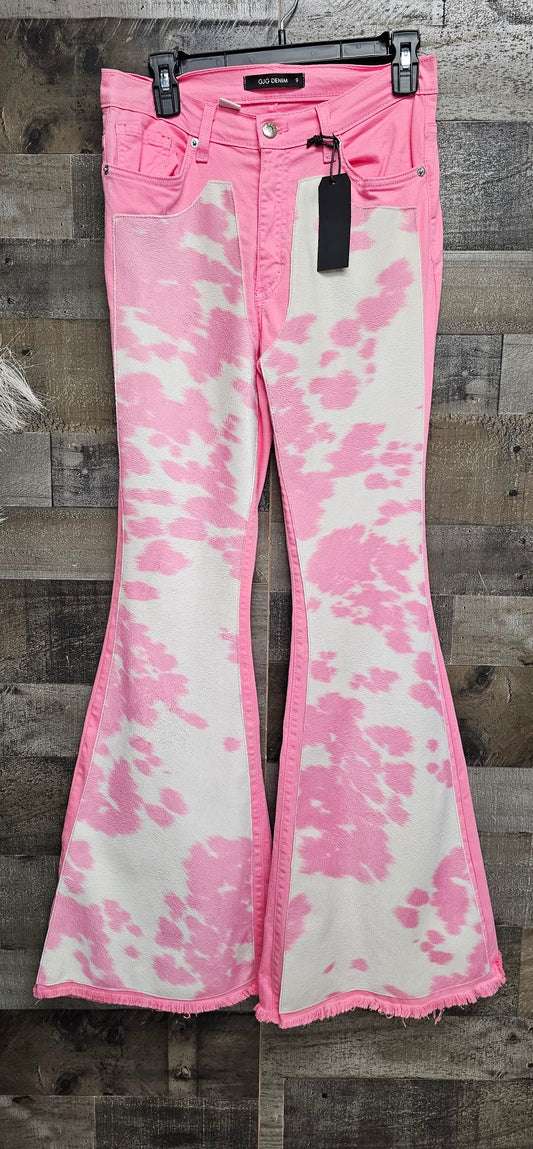 SAMPLE SALE GJG denim Pink Cow print Velvety Suede flare jeans size 9