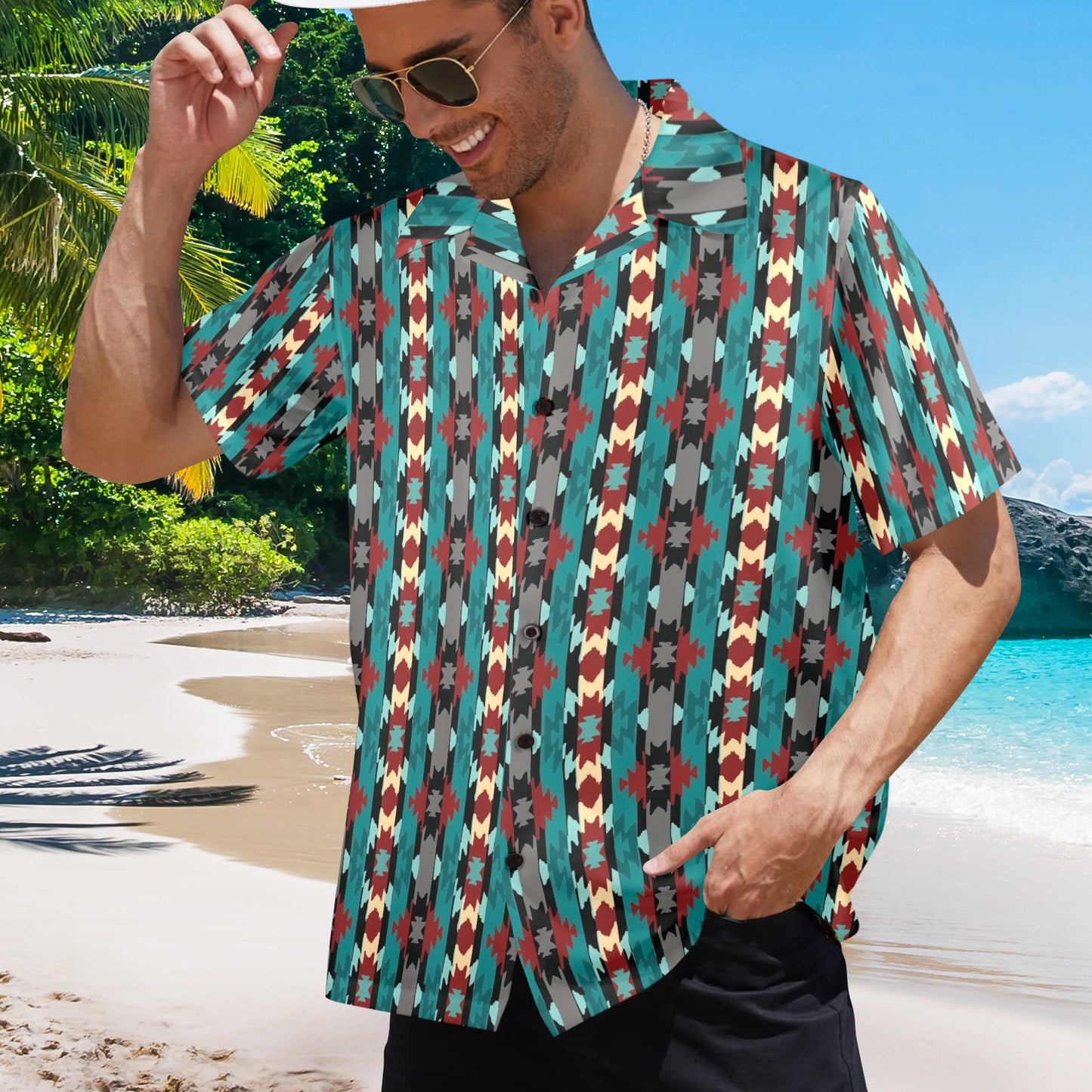 Baha Ranch Teal Aztec Hawaiian Shirt Made in America