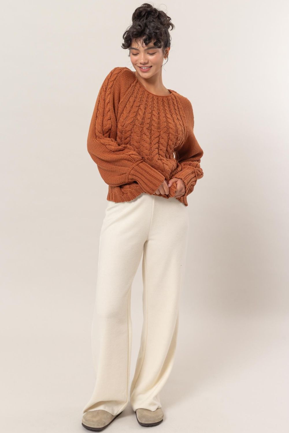 HYFVE Cable-Knit Round Neck Raglan Sleeve Sweater