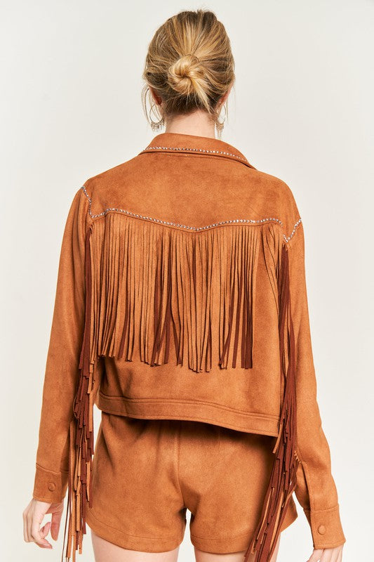 Calamity Jane Faux Suede Studded Fringe Jacket  Brown or Black