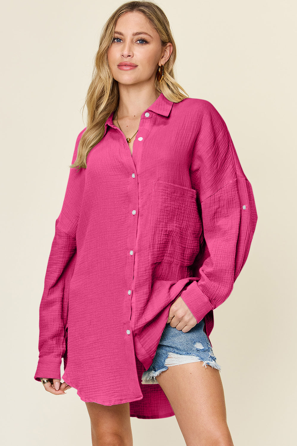 Double Take Full Size Pocketed Texture Button Up Shacket Big Shirt choice of colors