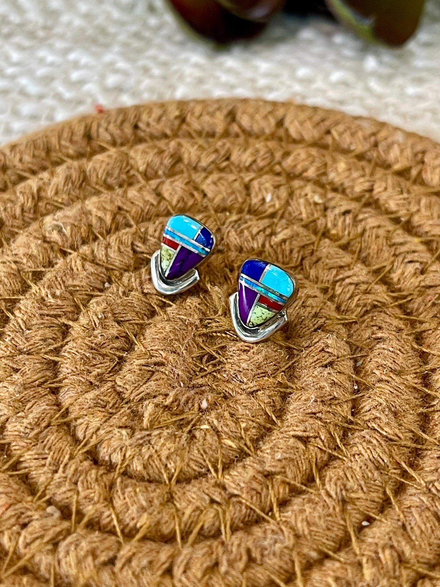 Beautiful Handmade Sterling Silver & Multi Stone Inlay Stud Earrings