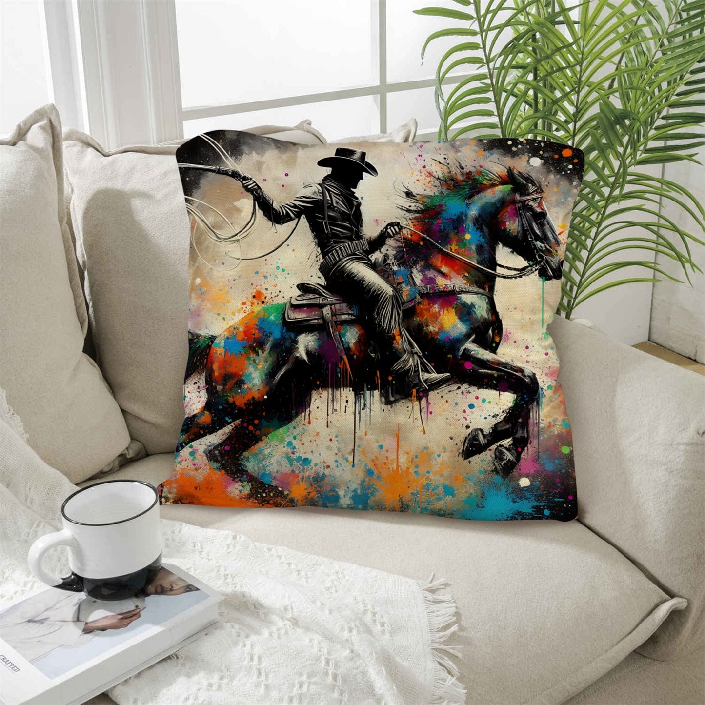 Painted Cowboy Throw Pillo Case Made in America