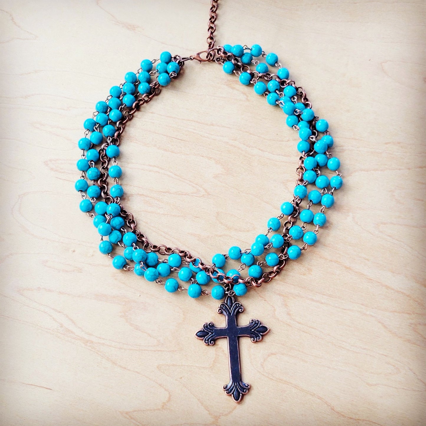 The Jewelry Junkie Blue Turquoise Beaded Collar Necklace w/ Cross Pendant 260y